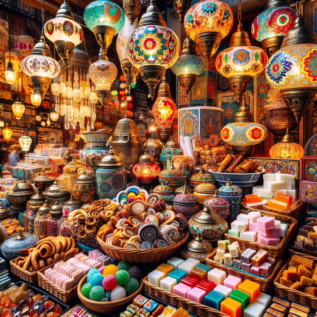 Barwne wystawy tureckich pamiątek, w tym ceramika Iznik, kolorowe lampy i tradycyjne słodycze, jak baklava i lukier turecki, na tle zatłoczonego bazaru w Stambule