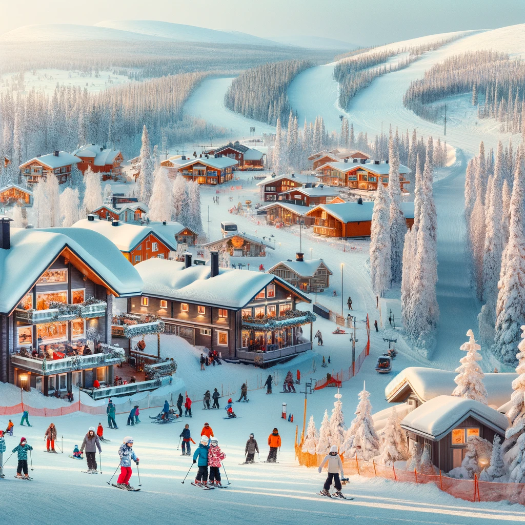 Zimowy krajobraz w Levi z ośrodkiem narciarskim, przytulnymi chatkami i rodzinami cieszącymi się zimowymi aktywnościami