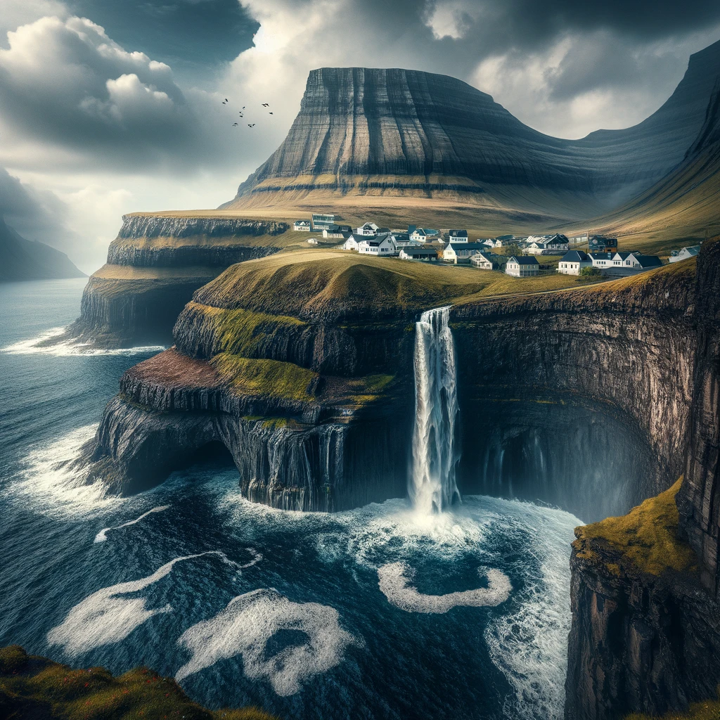 Zachwycający widok na wodospad Múlafossur w Gásadalur na Wyspach Owczych, z wodą spadającą do oceanu, otoczonym dramatycznymi klifami i spokojną wioską w tle