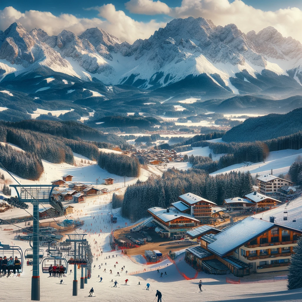 Widok na ośrodek narciarski Garmisch-Partenkirchen w Bawarii, Niemcy, z narciarzami na różnorodnych stokach, nowoczesnymi wyciągami narciarskimi i oszałamiającym tłem pokrytych śniegiem Alp.