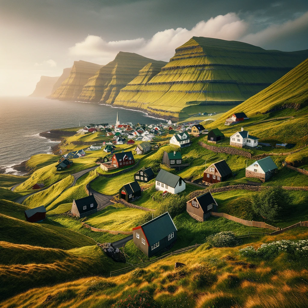 Malowniczy krajobraz wioski Gásadalur na Wyspach Owczych, z tradycyjnymi domami pośród zielonych wzgórz i panoramicznym widokiem na Atlantyk w tle