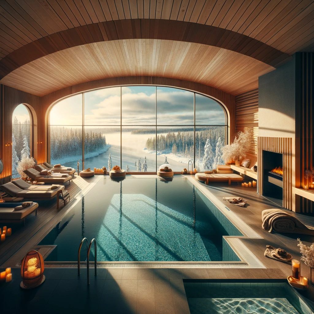 Luksusowe spa w Finlandii z widokiem na zimowy krajobraz, pokazujące ciepły basen i saunę