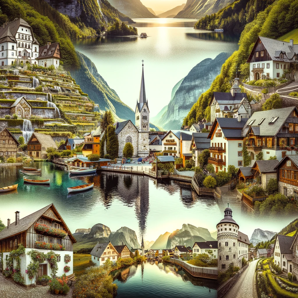 Kolaż europejskich wiosek, łączący elementy Hallstatt, Bibury, Giethoorn, Rocamadour i Gásadalur, prezentujący ich unikalne cechy, architekturę i naturalne piękno w harmonijnej mieszance