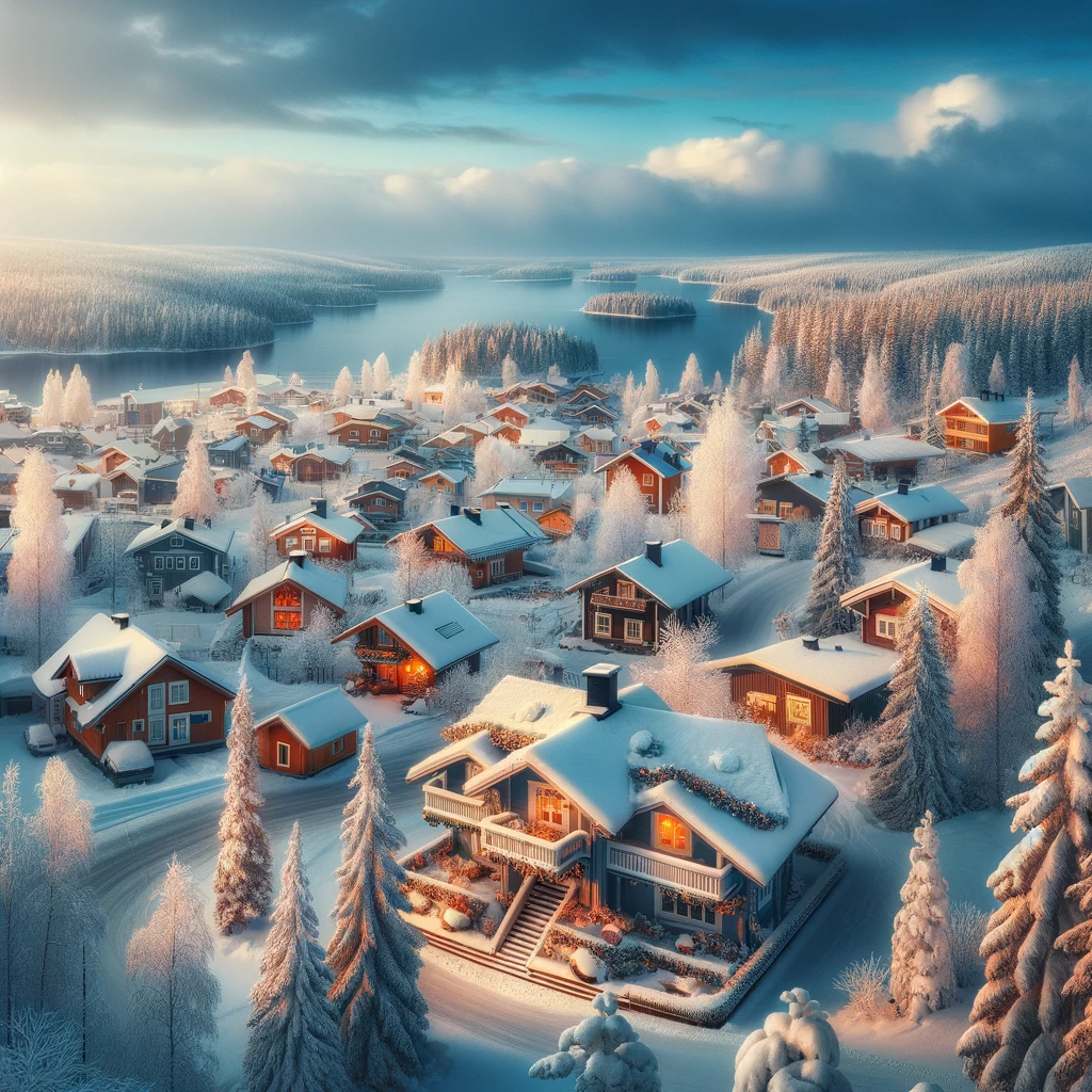 Malowniczy fiński krajobraz zimowy z przytulnymi chatkami i pokrytymi śniegiem drzewami