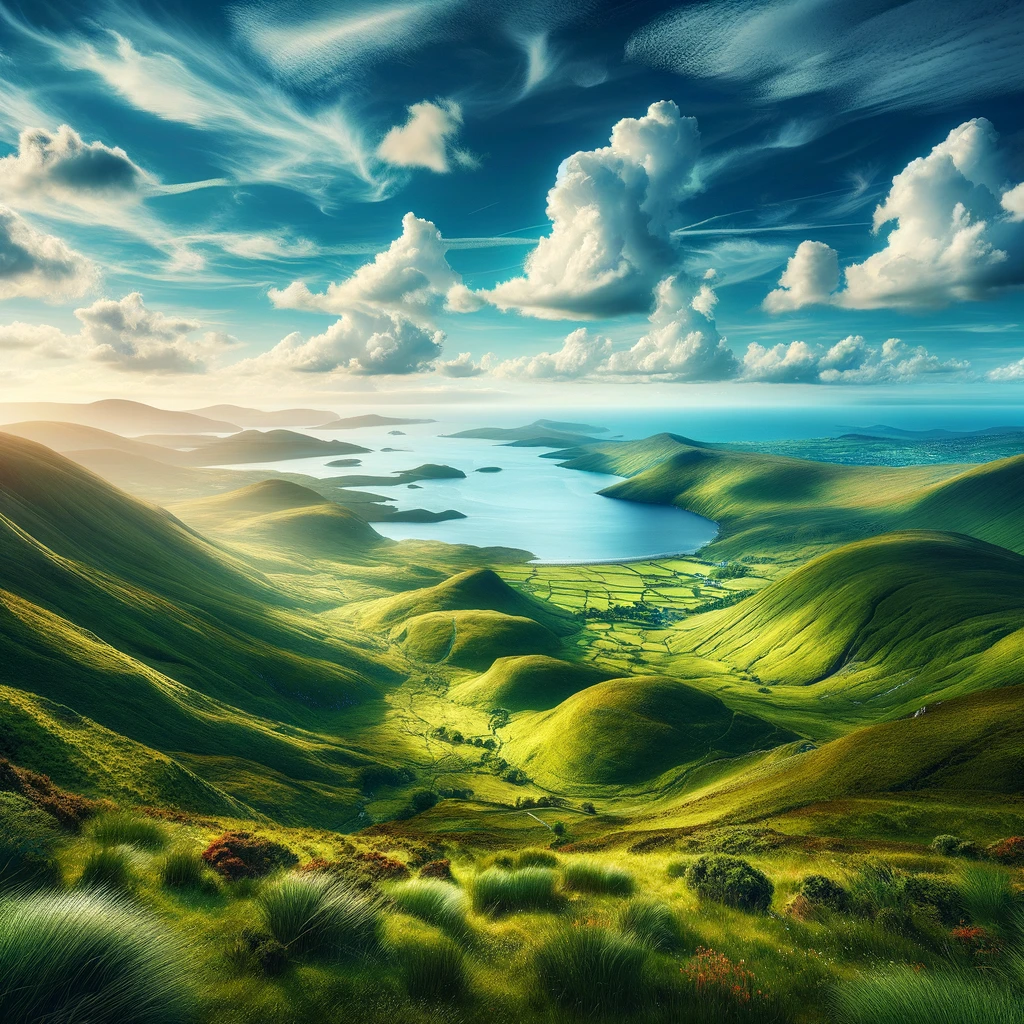 Malowniczy krajobraz Irlandii latem - zielone wzgórza i błękitne niebo