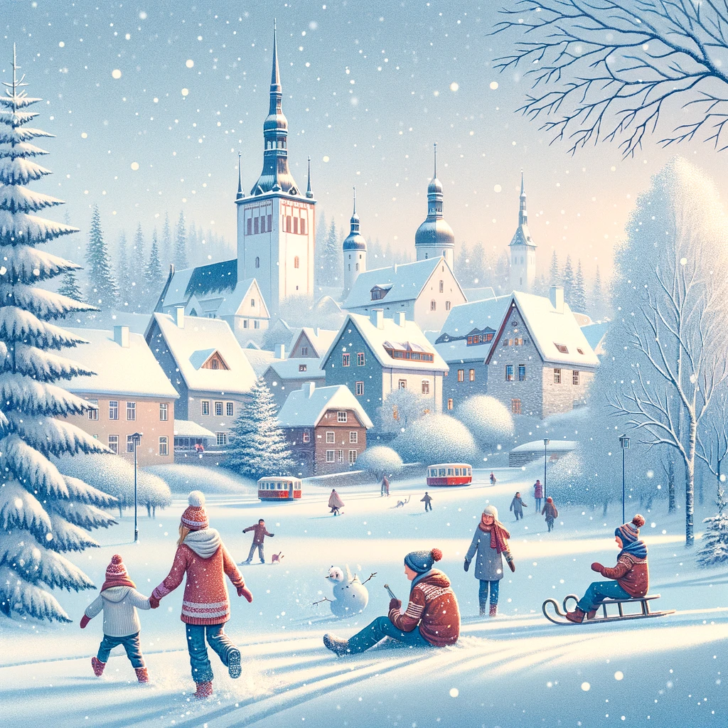 Rodzina ciesząca się zimą w estonskim miasteczku z dziećmi bawiącymi się na śniegu