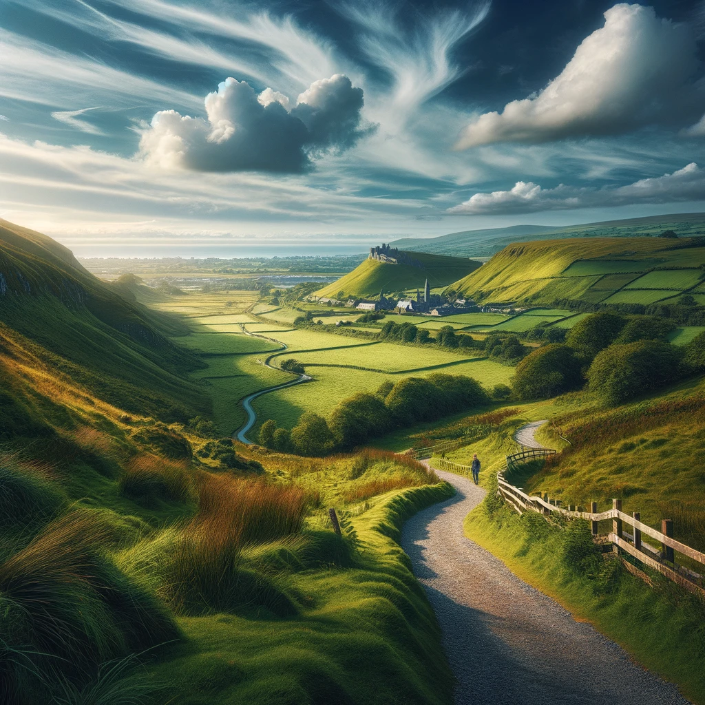 Malowniczy krajobraz Irlandii z zielonymi wzgórzami i błękitnym niebem