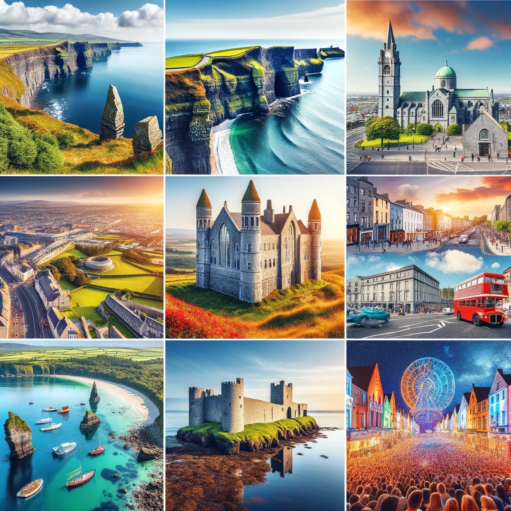 Kolaż najpopularniejszych atrakcji turystycznych Irlandii latem