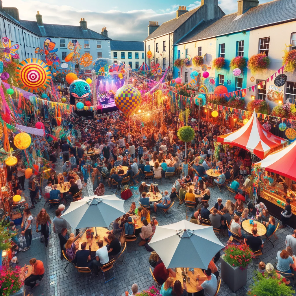 Scena z Festiwalu w Galway, pokazująca ludzi cieszących się muzyką i sztuką