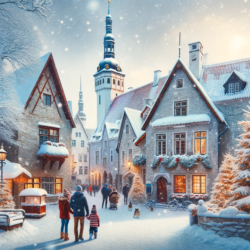 Rodzina zwiedzająca zimowe ulice Starego Miasta w Tallinnie