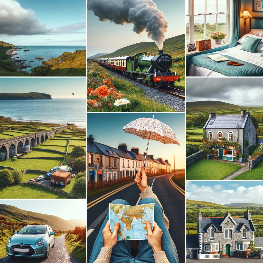 Kolaż przedstawiający letnią podróż po Irlandii, w tym podróż pociągiem, przytulny pensjonat, irlandzką wieś z wynajętym samochodem oraz osobę trzymającą mapę i parasol