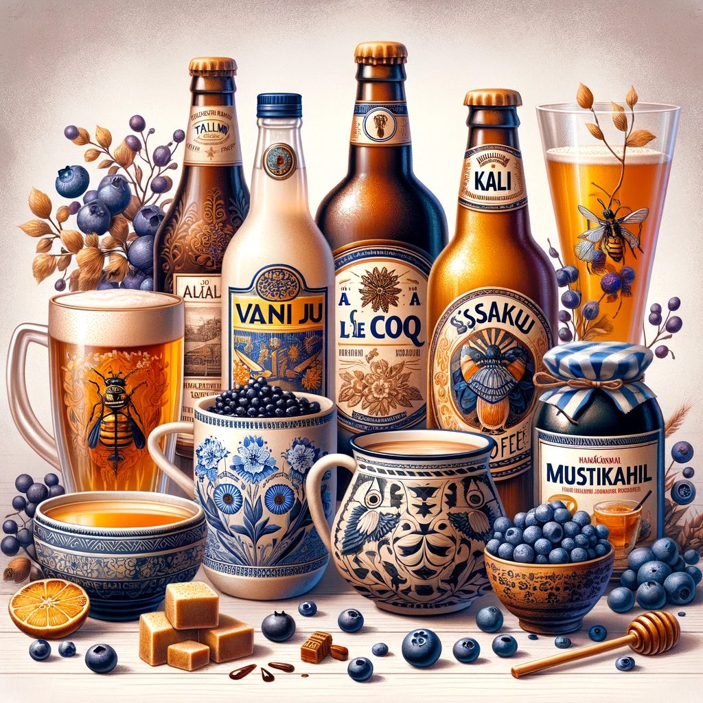 Zestaw tradycyjnych estońskich napojów, w tym likieru Vana Tallinn, piw A. Le Coq i Saku, miodu pitnego Mõdu, napoju chlebowego Kali, soku z jagód Mustikamahl i kawy Kohv