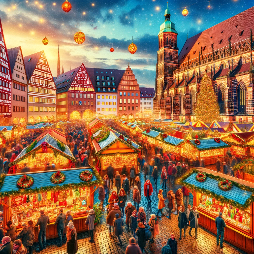 Żywy obraz tradycyjnego niemieckiego jarmarku bożonarodzeniowego w Norymberdze, z kolorowymi straganami, świątecznymi światłami, ludźmi cieszącymi się atmosferą i historycznymi budynkami w tle.