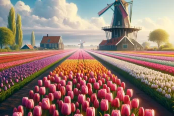 Kolorowe pola tulipanów w Holandii latem