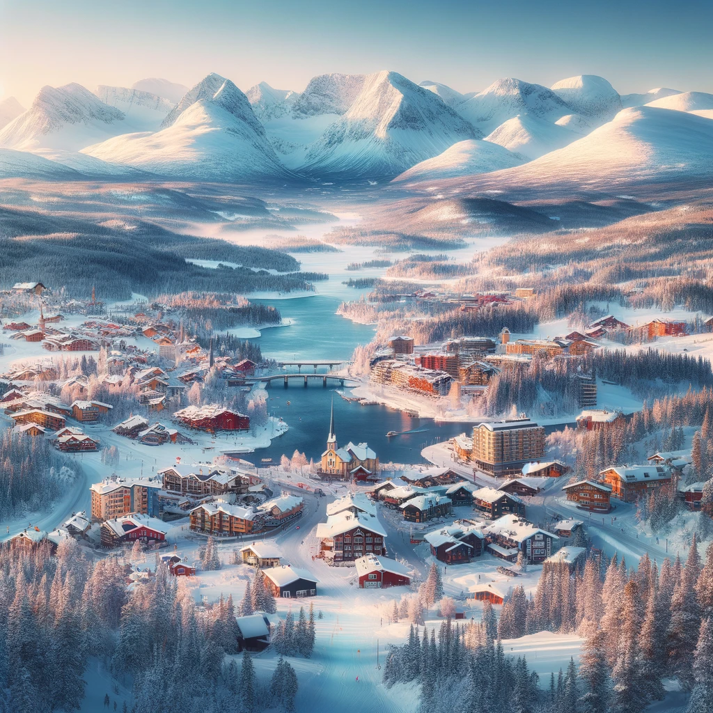 Panoramiczny widok na Åre w Szwecji zimą, z pokrytymi śniegiem górami, stokami narciarskimi i malowniczą wioską