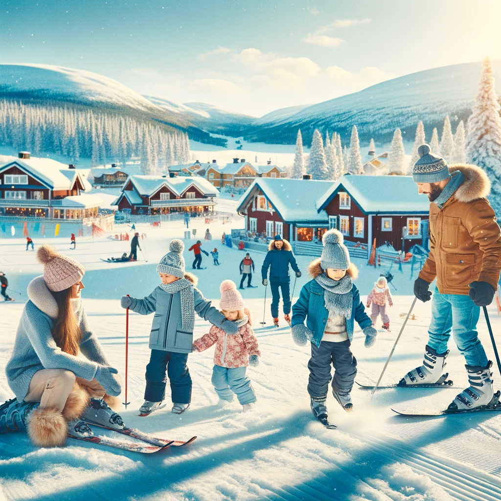 Rodzina ciesząca się zimowym dniem w szwedzkim ośrodku narciarskim, z dziećmi bawiącymi się w śniegu i rodzicami na nartach w pobliżu