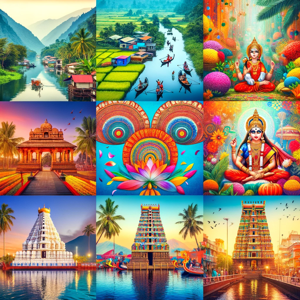 Kolaż urody Południowych Indii: spokojne backwaters Kerala, żywe festiwale takie jak Onam i starożytne świątynie Tamil Nadu