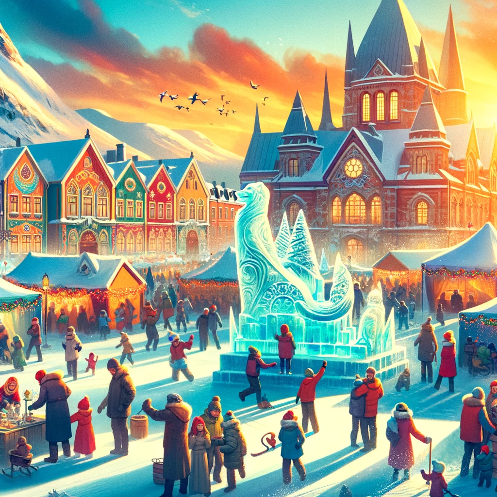 Scena szwedzkiego festiwalu zimowego z rzeźbami lodowymi i ludźmi cieszącymi się tradycyjnymi aktywnościami w świątecznej atmosferze