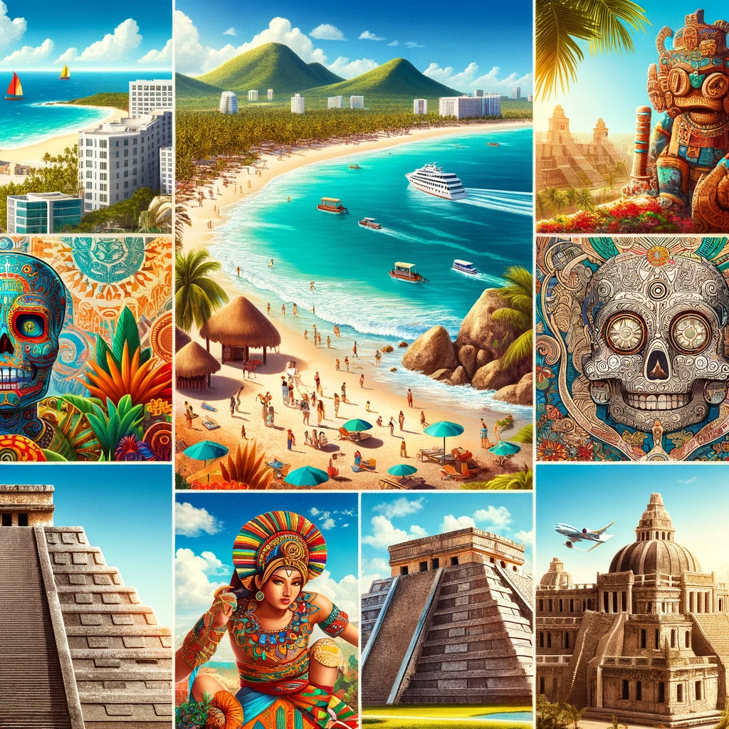 Kolaż atrakcji Meksyku: dziewicze plaże Cancún, żywa kultura Oaxaca i historyczne ruiny cywilizacji Majów i Azteków