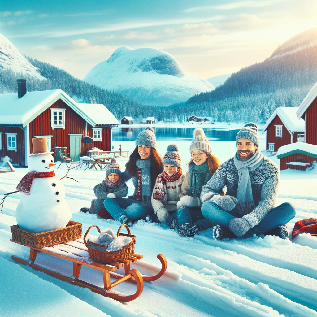Rodzina ciesząca się tradycyjnymi zimowymi aktywnościami w Szwecji, takimi jak saneczkarstwo i robienie bałwana, w malowniczym, śnieżnym krajobrazie