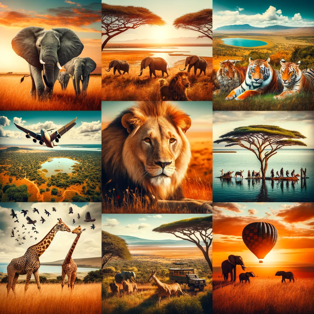 Zachwycający kolaż ukazujący piękno kenijskiej dzikiej przyrody i safari, z ikonicznymi scenami z parków narodowych Masai Mara i Amboseli, pokazującymi różnorodność dzikiej przyrody, takiej jak słonie, lwy i żyrafy w ich naturalnym środowisku