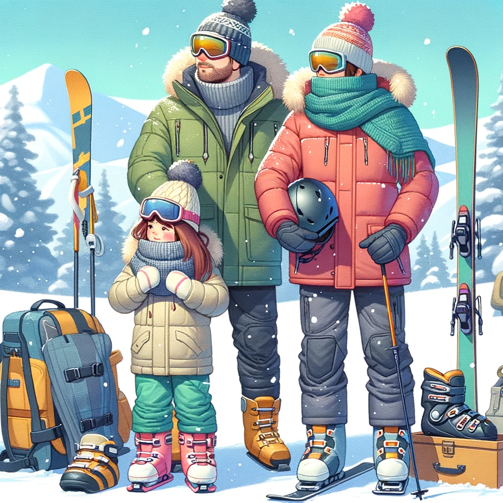 Rodzina przygotowująca się do dnia na nartach w Szwecji, ubrana w ciepłe zimowe ubrania, kaski i z wyposażeniem narciarskim