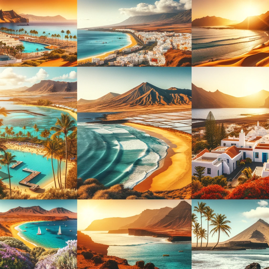 Malowniczy kolaż Wysp Kanaryjskich, podkreślający różnorodność krajobrazów od złocistych plaż Gran Canarii po wulkaniczne pejzaże Lanzarote. Obraz przedstawia ciepły klimat, piękne linie brzegowe i unikalne piękno naturalne Wysp Kanaryjskich, czyniąc je atrakcyjnym miejscem dla zimowych podróżników