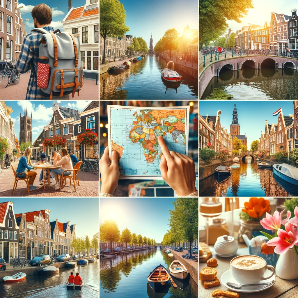 Letnia podróż po Holandii: turysta z mapą, kanały, kawiarnia, radosni ludzie