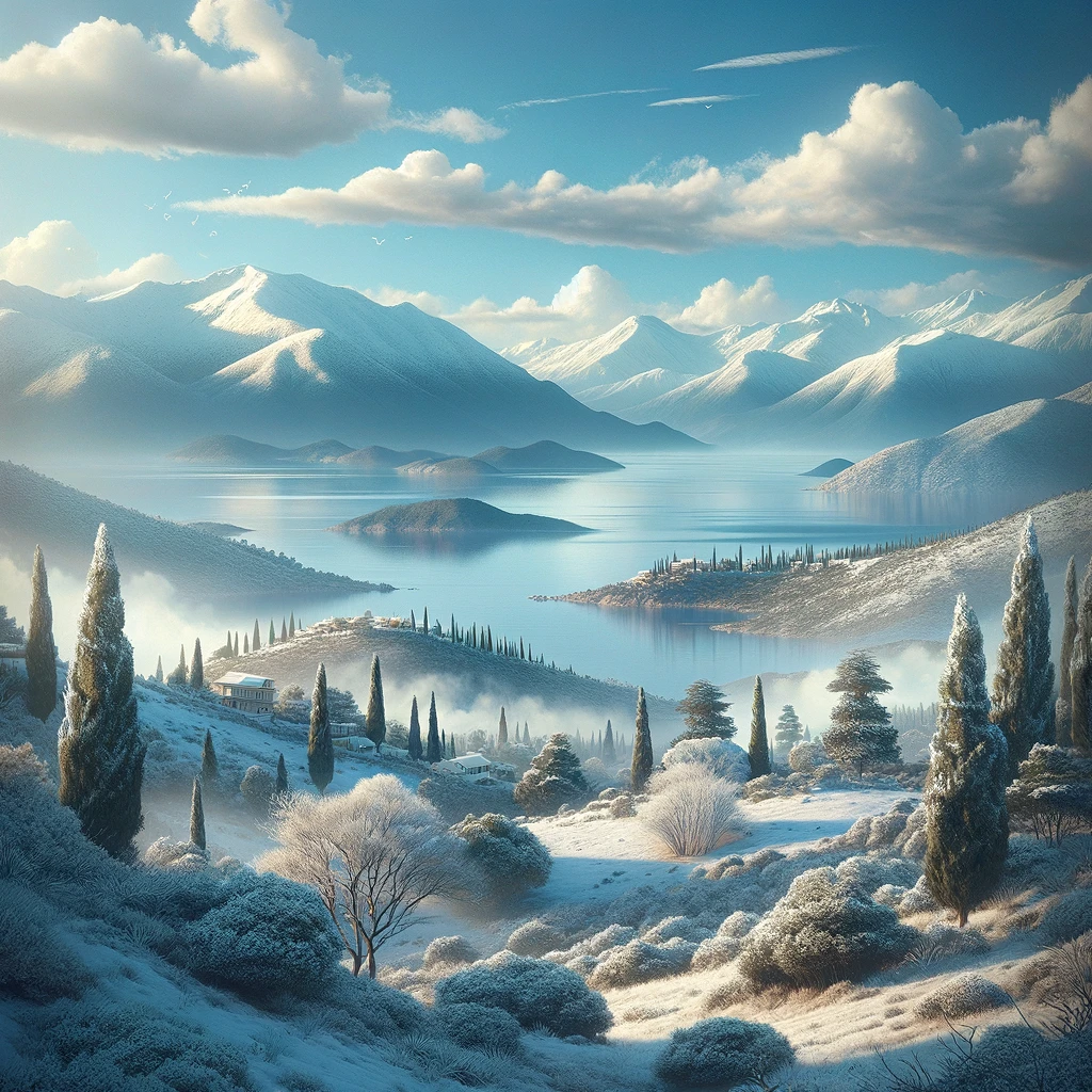 Zimowy krajobraz w Grecji z widokiem na zaśnieżone góry i Morze Śródziemne