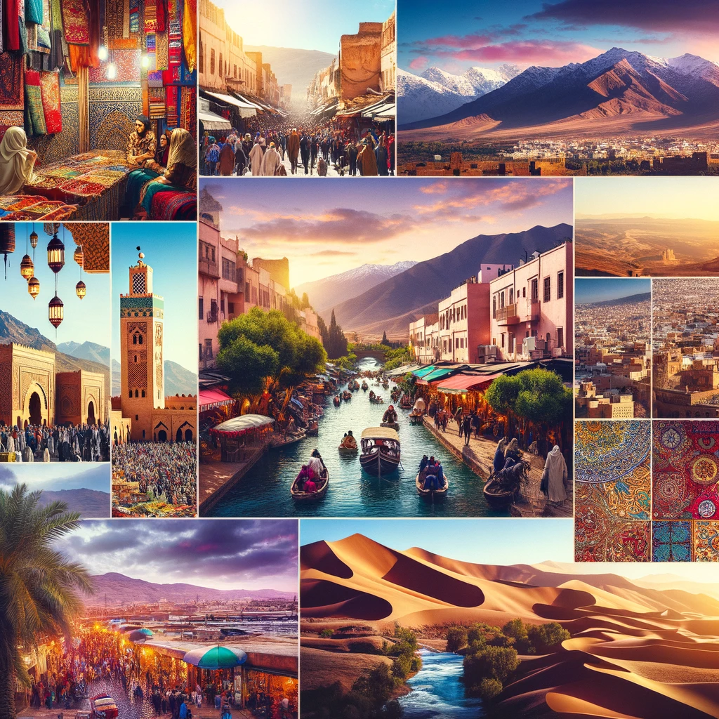 Kolorowy kolaż prezentujący bogatą kulturę Maroka, tętniące życiem rynki i różnorodne krajobrazy, w tym sceny z historycznych medyn w Fezie i Marrakeszu, majestatyczne Góry Atlas i pustynia Sahara