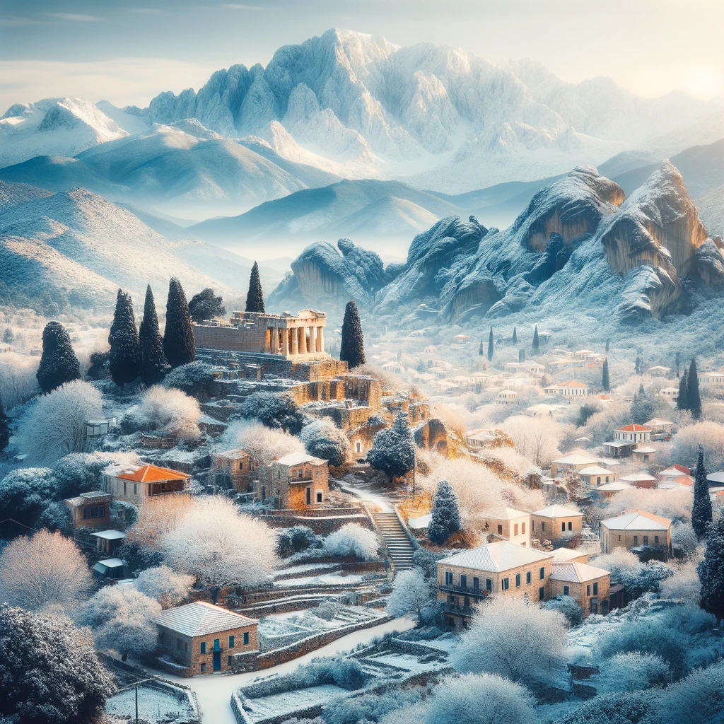Zimowy krajobraz w Grecji z widokiem na śnieżne góry i historyczne zabytki