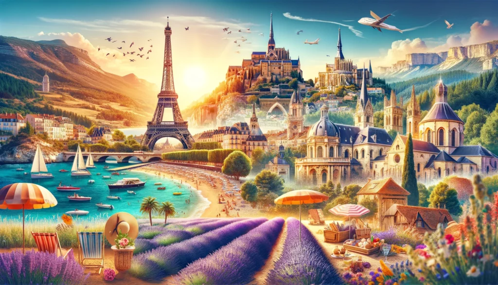 Kolaż przedstawiający letnie atrakcje Francji: Wieżę Eiffla, pola lawendy w Prowansji, zamki w Dolinie Loary, plaże Lazurowego Wybrzeża i architekturę Alzacji.