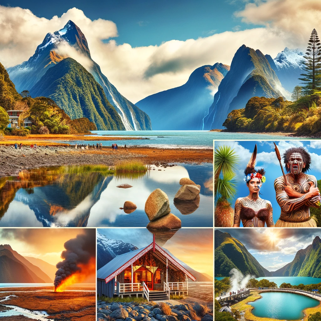 Zachwycający kolaż ukazujący naturalne piękno Nowej Zelandii, kulturę Maorysów i przygodne krajobrazy, w tym majestatyczne fiordy Milford Sound, geotermalne obszary Rotorua i tradycyjne wioski Maorysów
