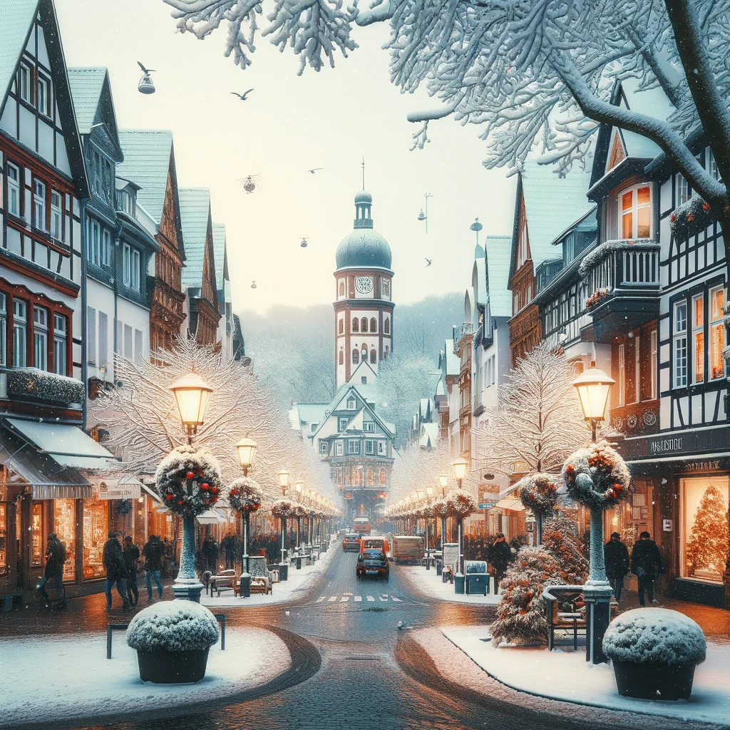 Zimowy krajobraz Essen z charakterystycznymi budynkami i uliczkami.