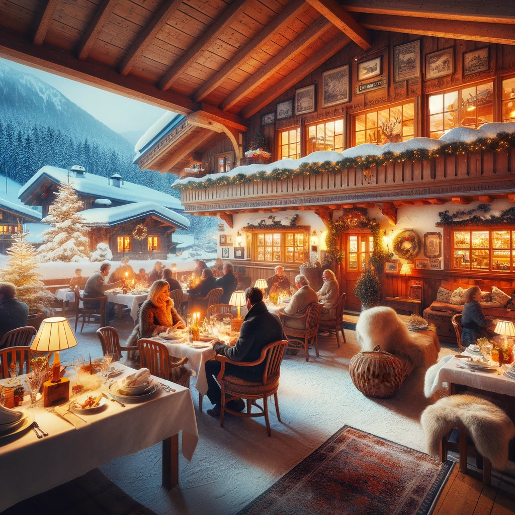 Przytulna zimowa scena w tradycyjnym niemieckim hotelu w Bawarskich Alpach, z ciepłą, zapraszającą atmosferą, śniegiem pokrytym otoczeniem i gośćmi delektującymi się posiłkiem w rustykalnej jadalni.