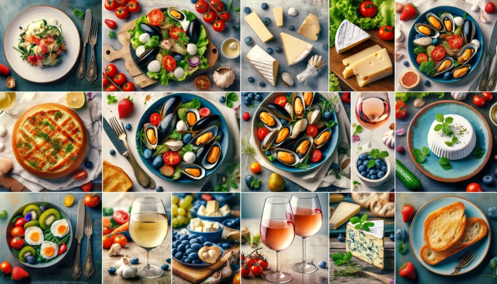 Kolaż przedstawiający typowe dania francuskiej kuchni latem: Salade Niçoise, Ratatouille, Moules Marinières, wybór francuskich serów jak Camembert, Brie, Roquefort oraz kieliszki wina Rosé i białego wina.