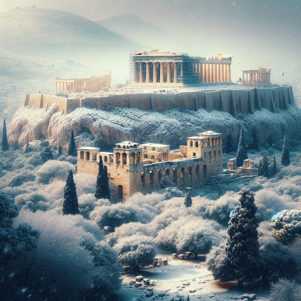 Starożytne ruiny Aten zimą z widokiem na Akropol