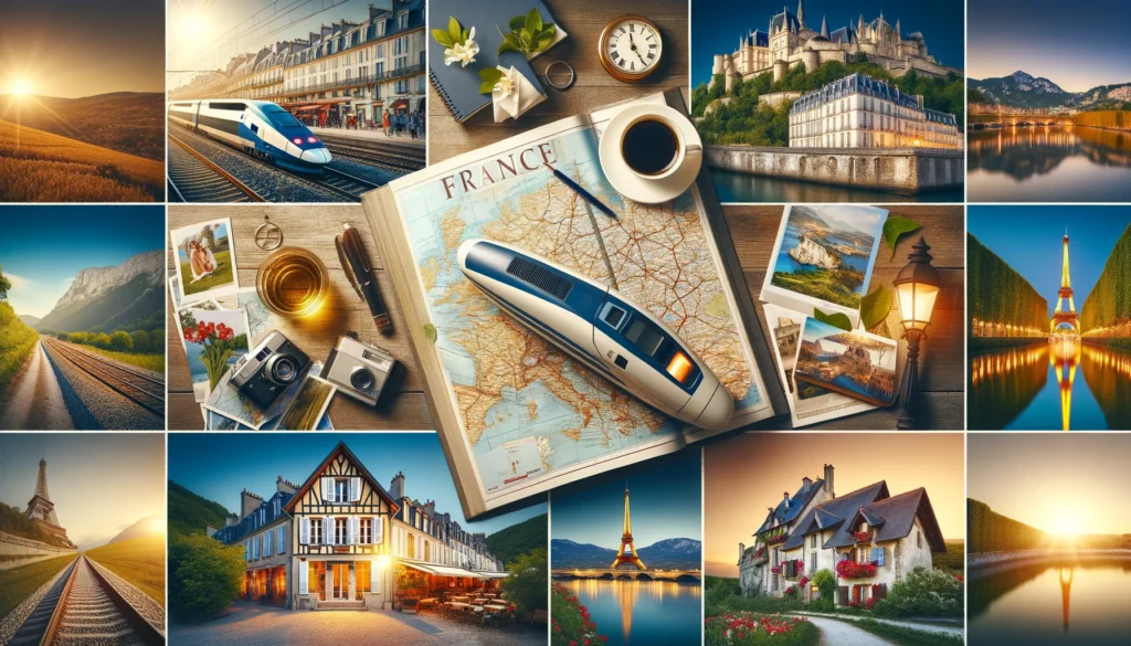 Kolaż przedstawiający elementy planowania wakacji we Francji: przewodnik turystyczny, mapę z zaznaczonymi głównymi miastami i atrakcjami, pociągi TGV, przytulny pensjonat w Prowansji i luksusowy hotel w Paryżu.