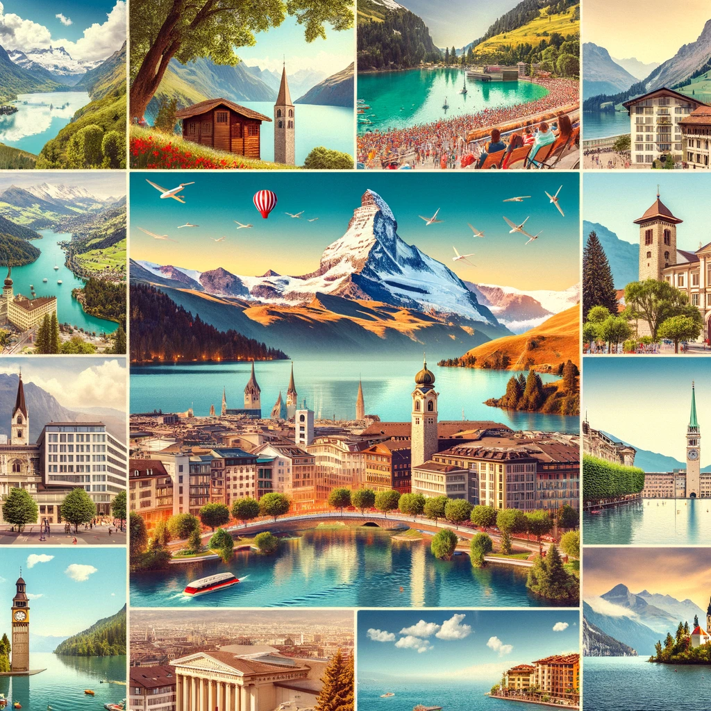 Kolaż przedstawiający najlepsze miejsca na wakacje w Szwajcarii: górę Matterhorn z Zermatt, miasto Lucerna z Jeziorem Czterech Kantonów, przygodowy Interlaken, kulturalną Genewę, olimpijską Lozannę i malowniczy Lugano.