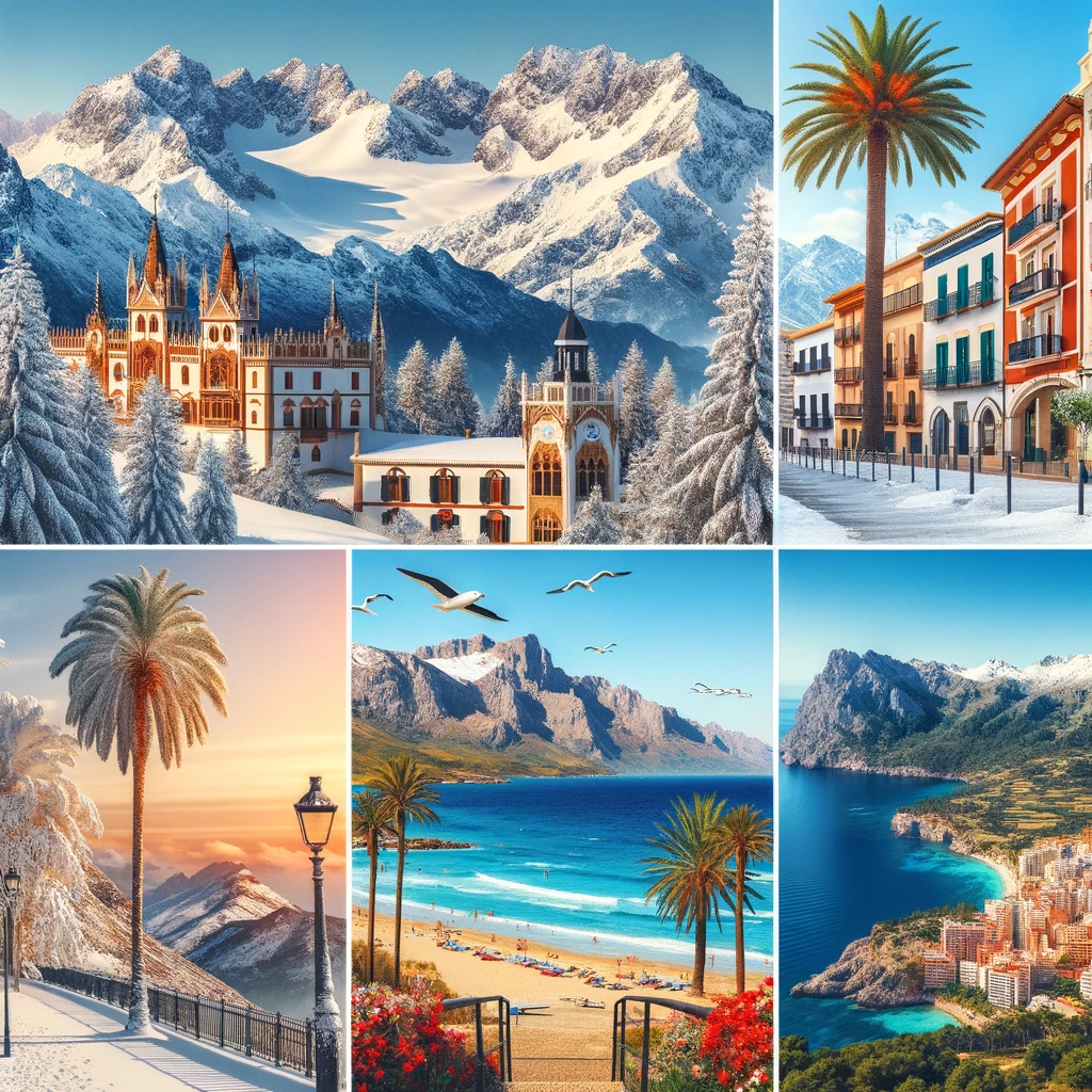 Kolaż przedstawiający popularne miejsca na zimowe wakacje w Hiszpanii: Sierra Nevada, Costa del Sol i Majorka