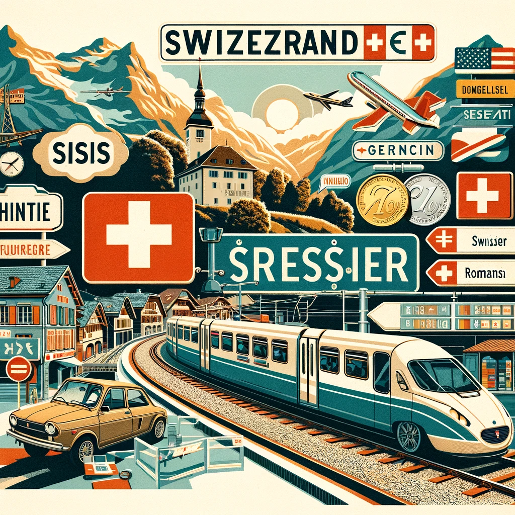 Kolaż przedstawiający praktyczne porady dotyczące podróżowania po Szwajcarii latem, w tym szwajcarskie pociągi, wynajęty samochód na malowniczych drogach, szwajcarskie franki i znaki drogowe w różnych językach.