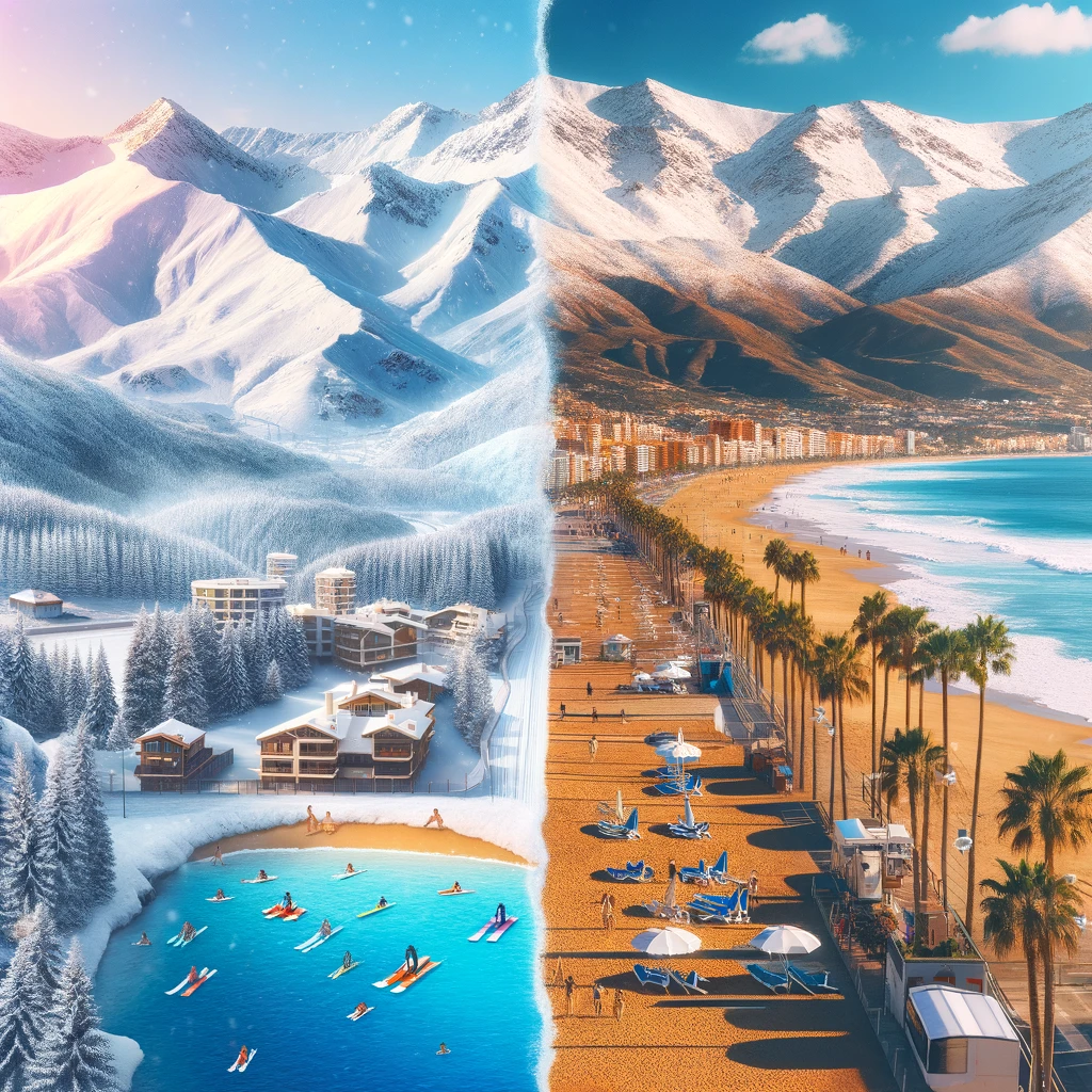 Podzielony obraz przedstawiający zimowe opcje wakacyjne w Hiszpanii: śnieżne szczyty Sierra Nevada i słoneczne plaże Costa del Sol