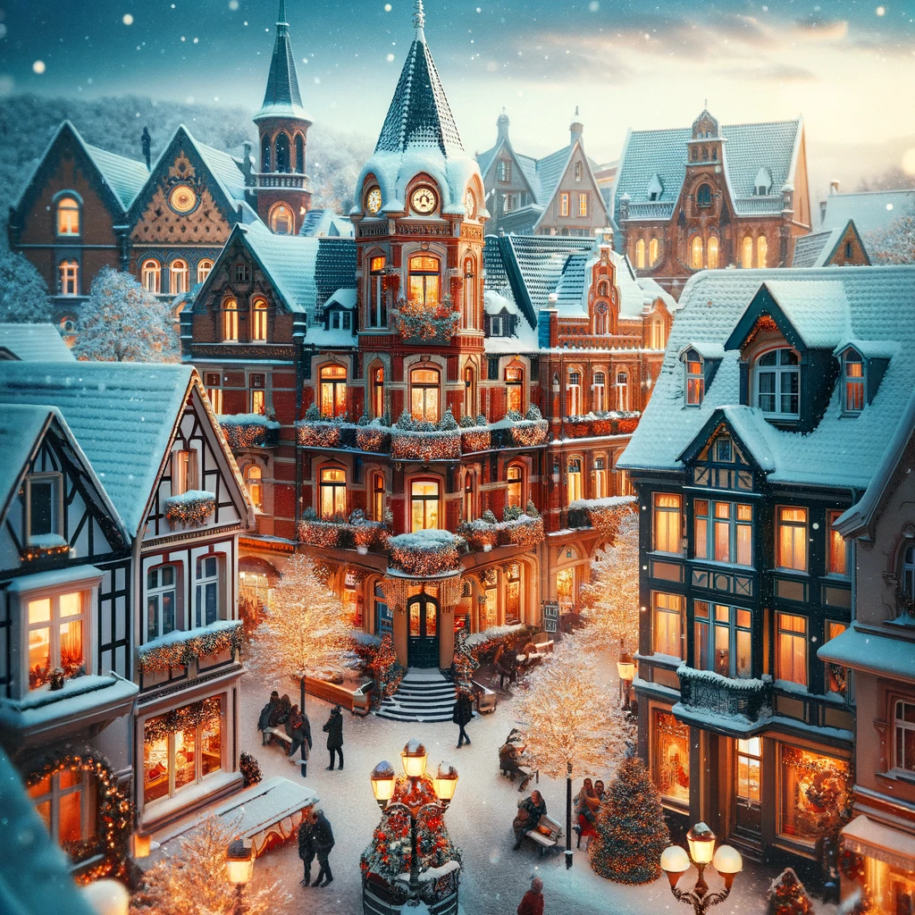 Zimowy pejzaż miasta Essen z połączeniem historycznych i nowoczesnych budynków, pokrytych śniegiem, z festiwalowymi światłami i atmosferą przyjazną rodzinom.