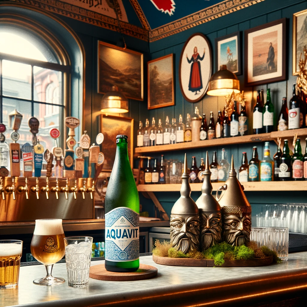 Różnorodność norweskich piw rzemieślniczych i butelka Aquavit na ladzie baru