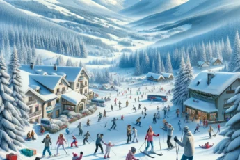 Malowniczy zimowy krajobraz w czeskich górach z rodzinami