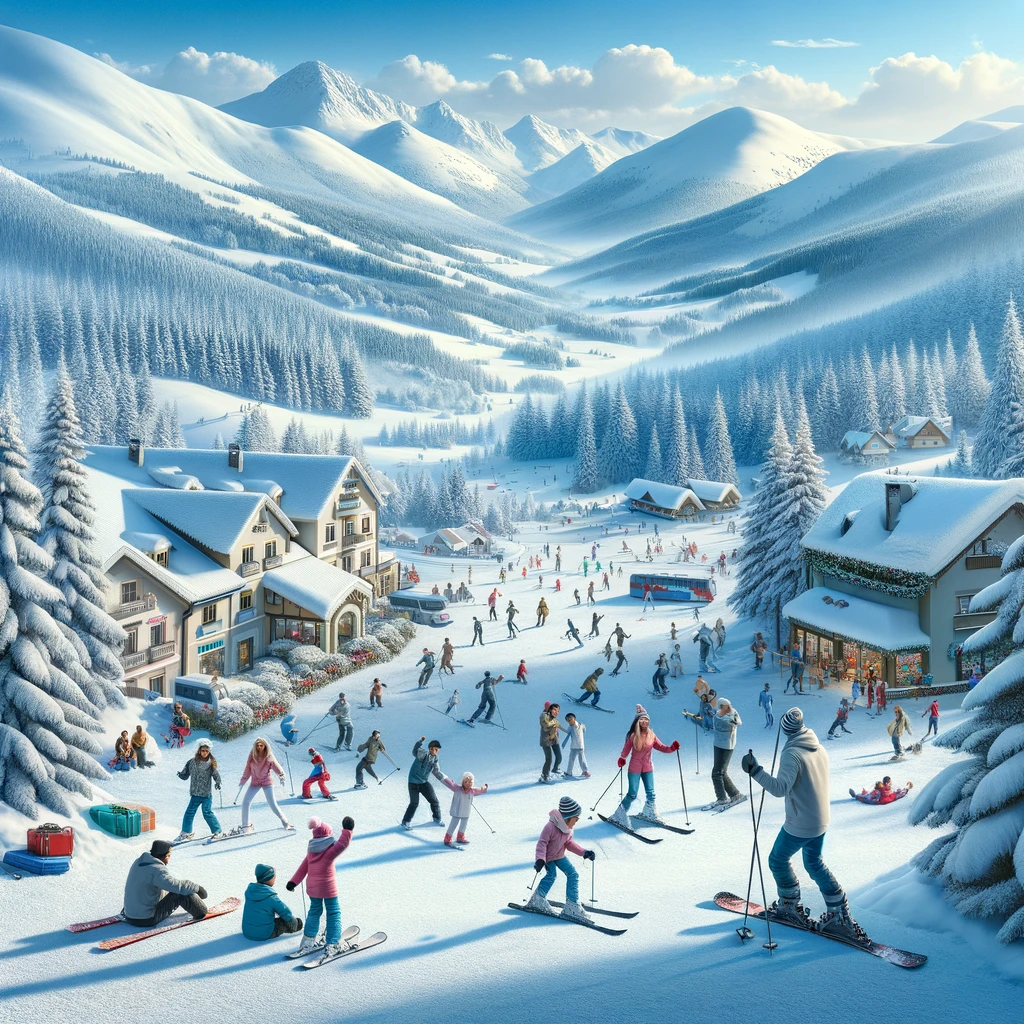 Malowniczy zimowy krajobraz w czeskich górach z rodzinami