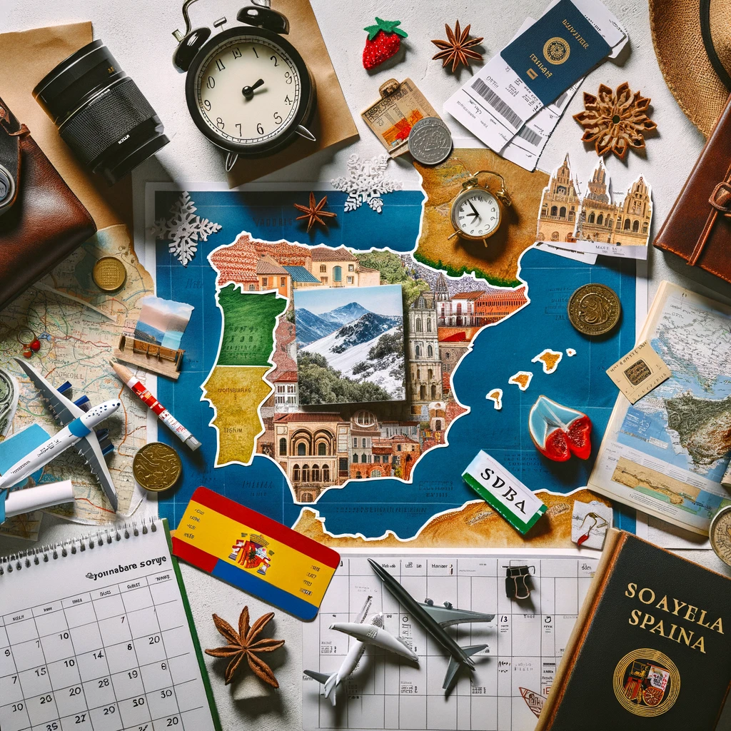 Kolaż przedstawiający planowanie zimowych wakacji w Hiszpanii, w tym mapę Hiszpanii, kalendarz, bilety podróżne i przewodnik
