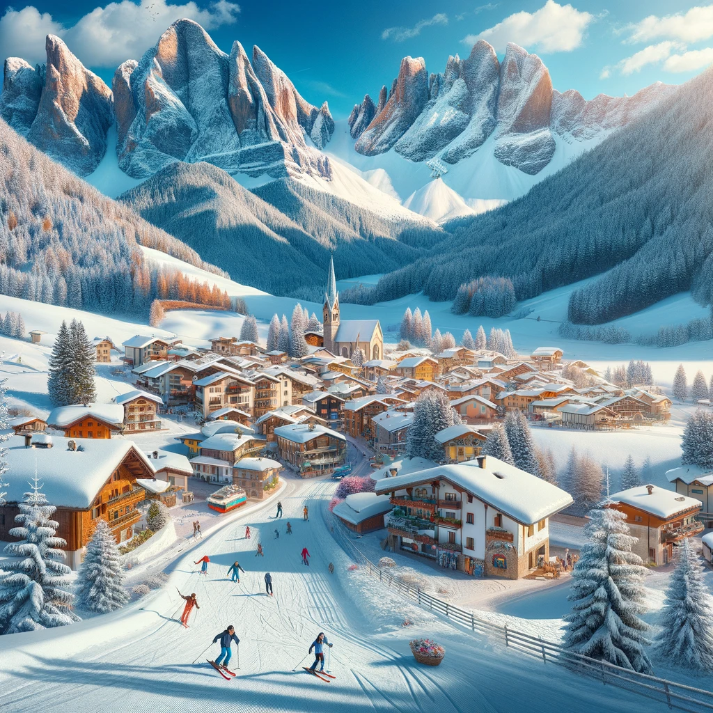 Zimowy pejzaż we Włoskich górach z rodzinami na nartach