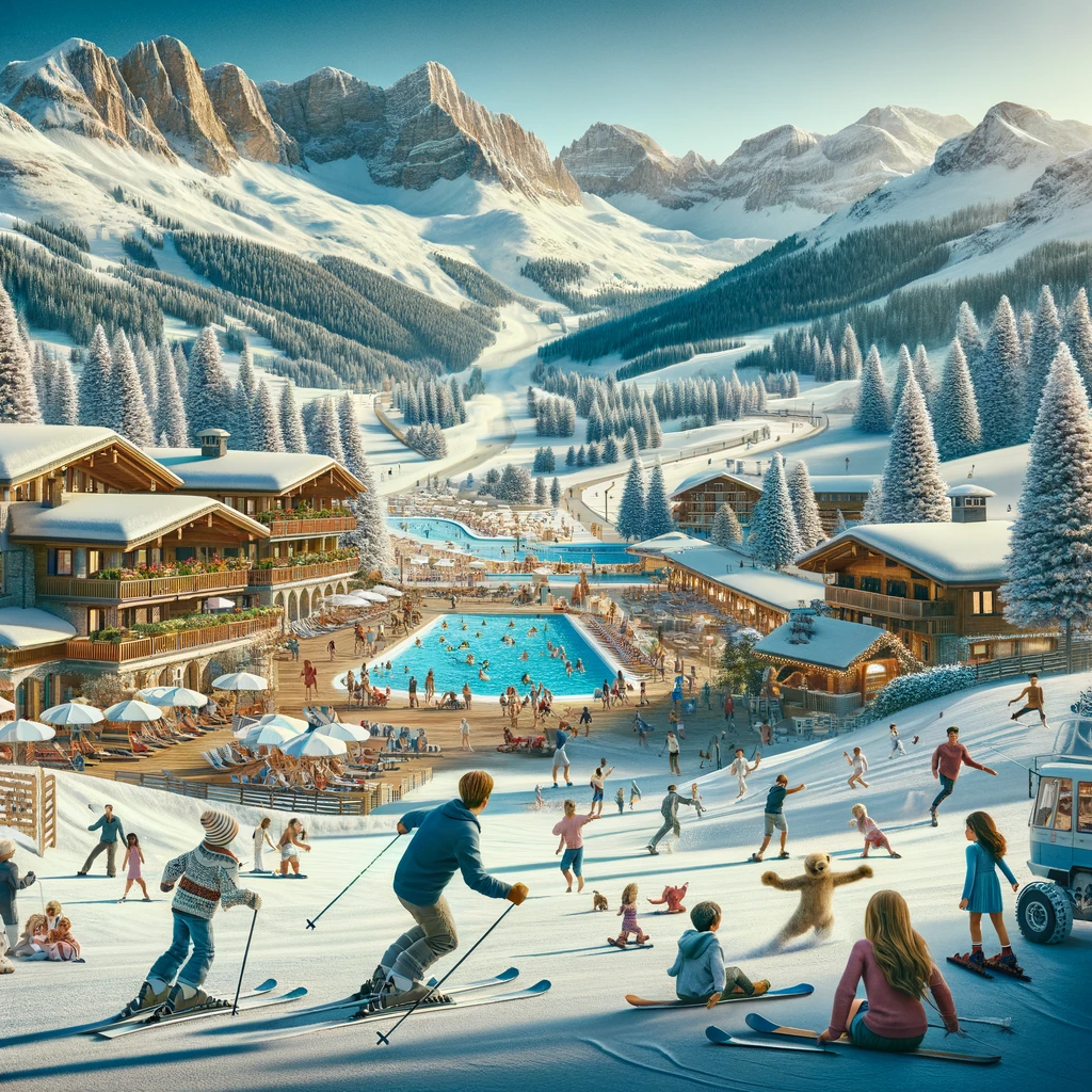 Rodzinny ośrodek narciarski we Włoszech z dziećmi bawiącymi się na śniegu