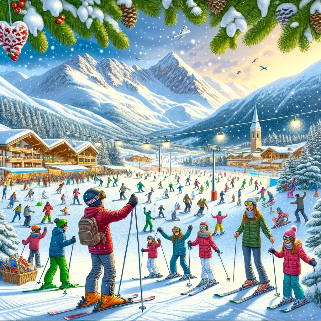 Dzieci uczące się narciarstwa w włoskim ośrodku narciarskim z rodzinami cieszącymi się zimowymi aktywnościami